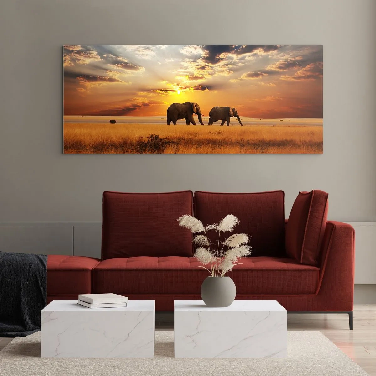 Cuadro sobre vidrio - Impresiones sobre Vidrio - Elefantes en la sabana al atardecer - 160x50cm - Un paseo en familia - Decoración de pared moderna para salón y dormitorio ARTTOR