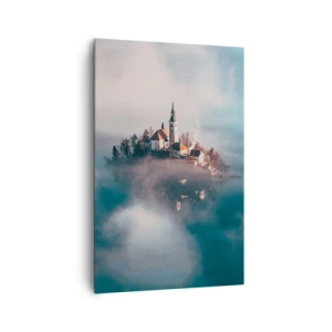 Cuadro sobre lienzo - Impresión de Imagen - Una isla pintoresca con una iglesia rodeada de niebla. - 80x120cm - Isla de los sueños - Decoración de pared moderna para salón y dormitorio ARTTOR