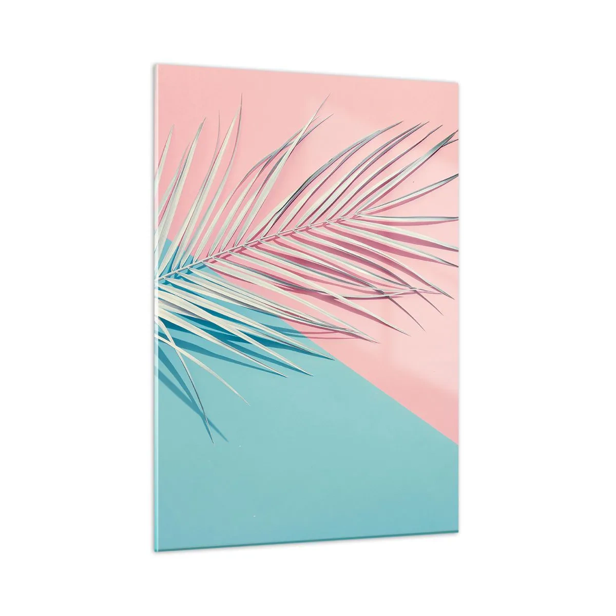 Cuadro sobre vidrio - Impresiones sobre Vidrio - Una hoja de palma sobre un fondo pastel en una composición geométrica. - 50x70cm - Impresión tropical - Decoración de pared moderna para salón y dormitorio ARTTOR