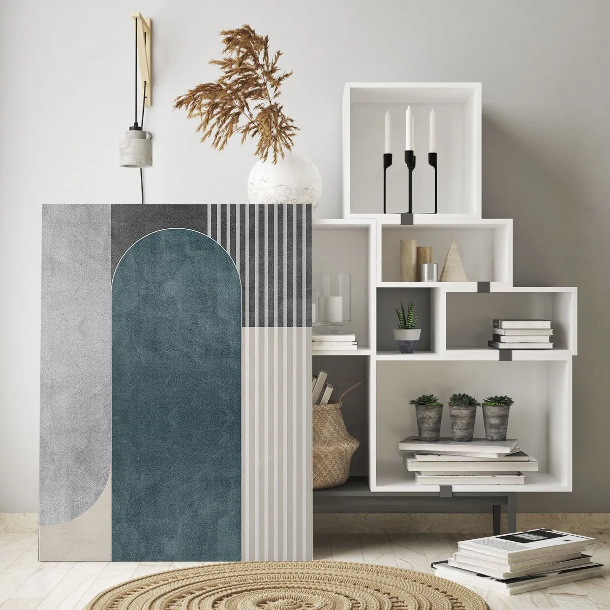 Cuadro sobre vidrio - Impresiones sobre Vidrio - Abstracción geométrica en tonos grises y verdes. - 80x120cm - Composición horizontal - Decoración de pared moderna para salón y dormitorio ARTTOR