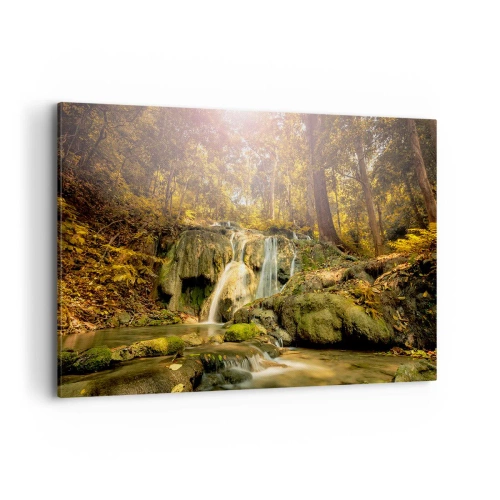 Cuadro sobre lienzo - Impresión de Imagen - Una cascada forestal bajo los rayos del sol, rodeada de vegetación. - 100x70cm - Cascada forestal en verde - Decoración de pared moderna para salón y dormitorio ARTTOR