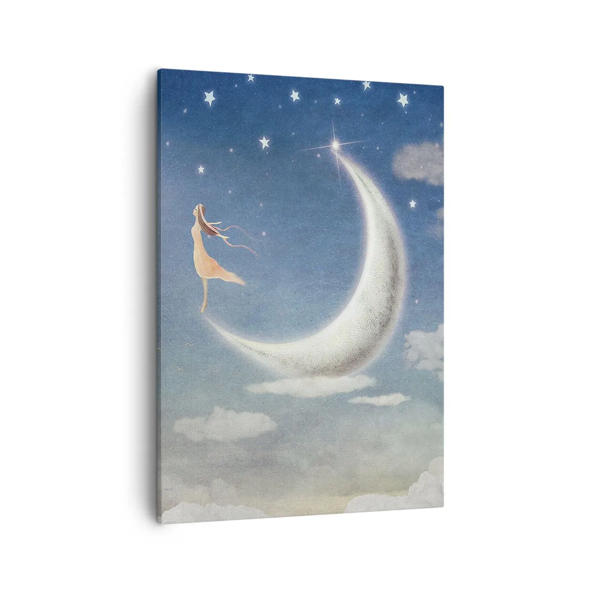 Cuadro sobre lienzo - Impresión de Imagen - Una mujer en la luna rodeada de estrellas y nubes. - 50x70cm - Pretendiente sobre azul - Decoración de pared moderna para salón y dormitorio ARTTOR