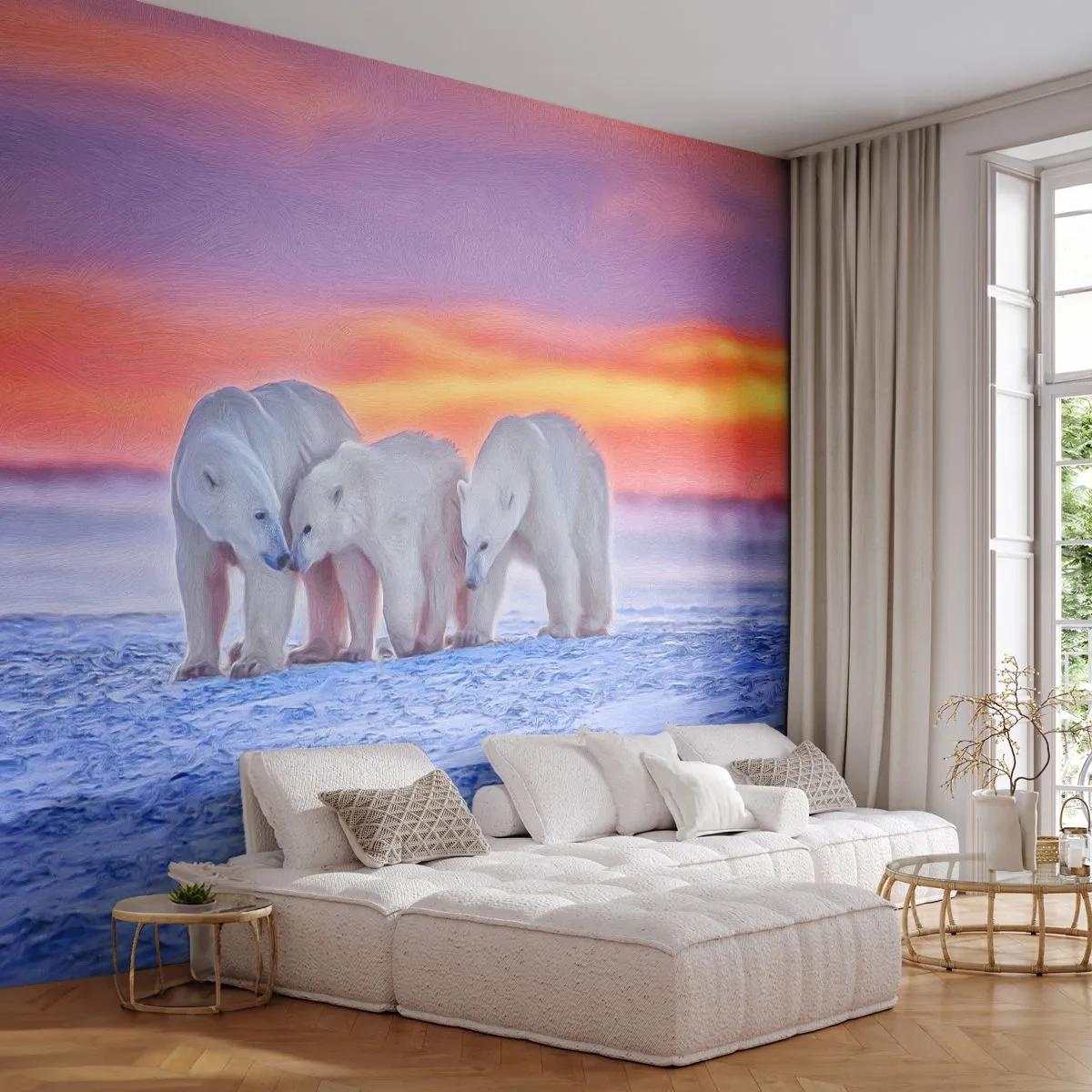 Fotomural Premium Sand - Todo lo que necesitas es el calor de la familia - animales, Oso polar, Nieve - 300x210 cm
