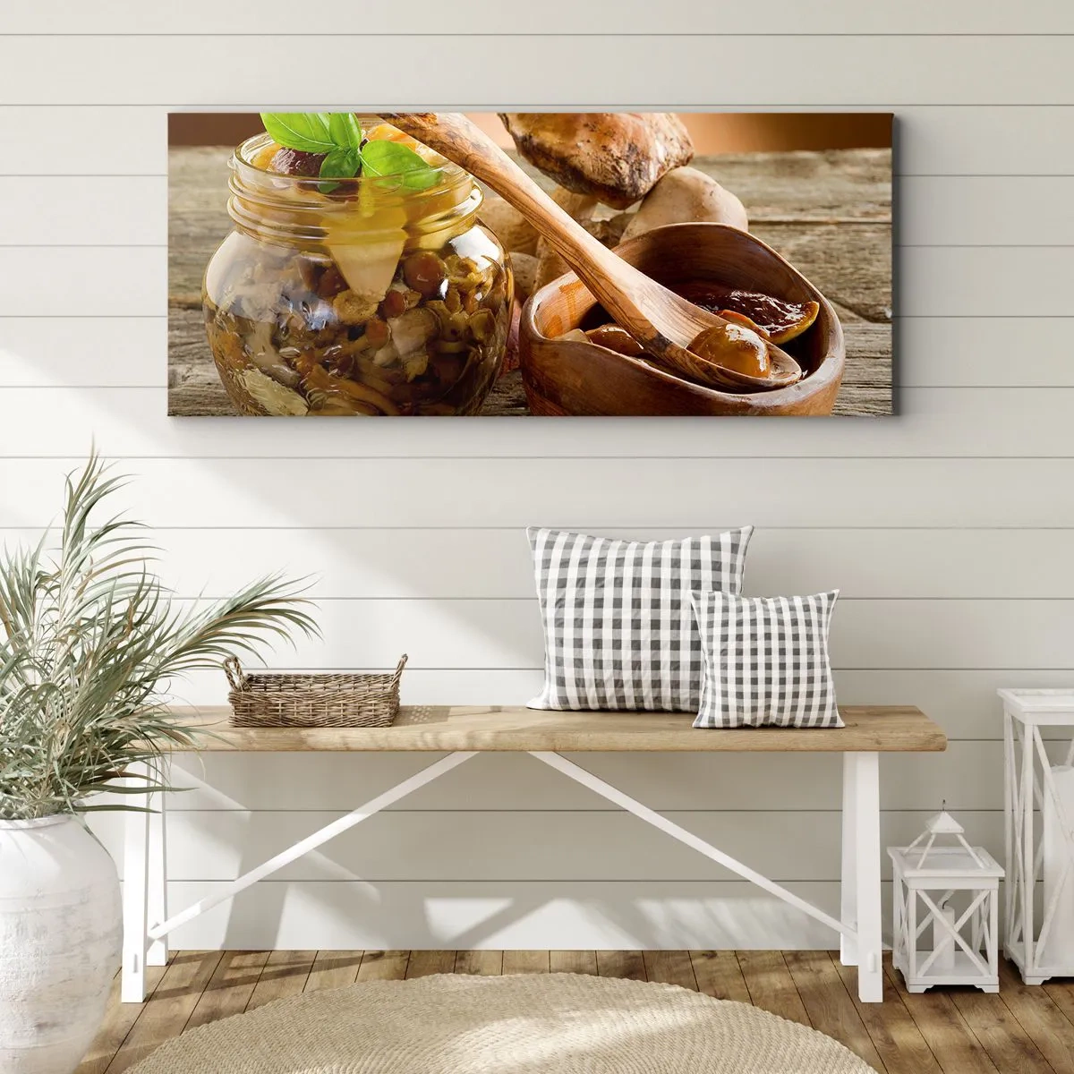Cuadro sobre lienzo - Impresión de Imagen - Setas naturales en un tarro sobre una mesa rústica - 120x50cm - Ya sea fresco, o salado, o de temporada de otoño.... - Decoración de pared moderna para salón y dormitorio ARTTOR