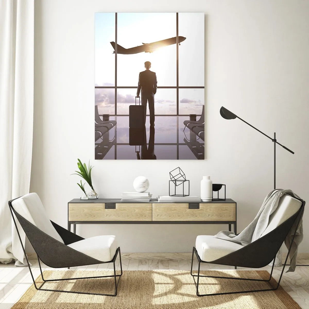 Cuadro sobre vidrio - Impresiones sobre Vidrio - Hombre de negocios en el aeropuerto con un avión al fondo - 70x100cm - Tienes tiempo, tranquilo - Decoración de pared moderna para salón y dormitorio ARTTOR