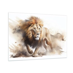 Cuadro sobre vidrio - Impresiones sobre Vidrio - Una toma dinámica en estilo acuarela de un león corriendo. - 100x70cm - El rey ha partido - Decoración de pared moderna para salón y dormitorio ARTTOR