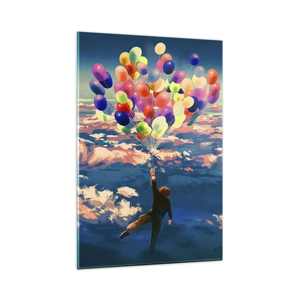 Cuadro sobre vidrio - Impresiones sobre Vidrio - Una figura flotando sobre las nubes con globos de colores. - 80x120cm - Un sueño de infancia hecho realidad - Decoración de pared moderna para salón y dormitorio ARTTOR