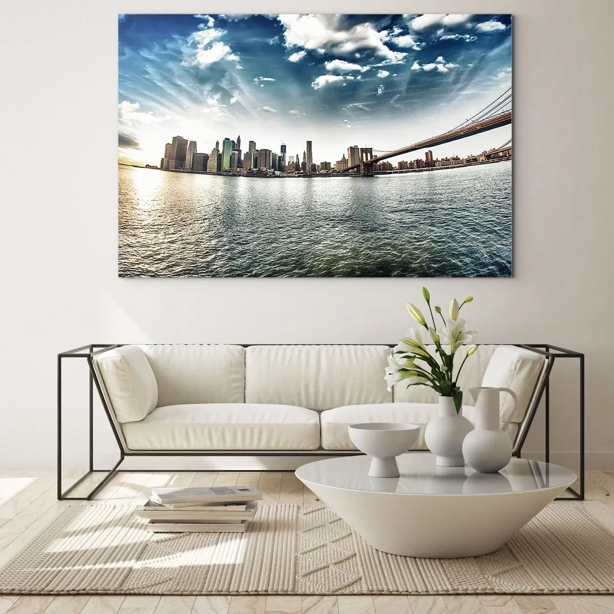 Cuadro sobre vidrio - Impresiones sobre Vidrio - Panorama de la ciudad de Nueva York con el puente de Brooklyn - 70x50cm - Isla de cristal - Decoración de pared moderna para salón y dormitorio ARTTOR