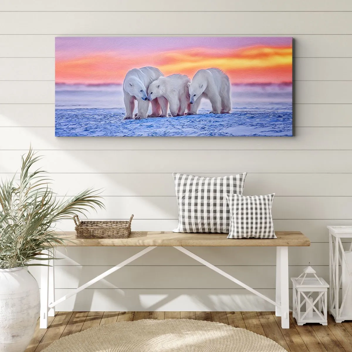 Cuadro sobre lienzo - Impresión de Imagen - Tres osos polares con el telón de fondo de una puesta de sol ártica. - 140x50cm - Todo lo que necesitas es el calor de la familia - Decoración de pared moderna para salón y dormitorio ARTTOR
