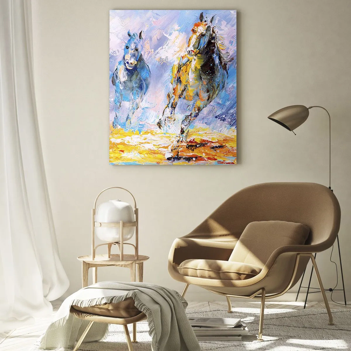 Cuadro sobre vidrio - Impresiones sobre Vidrio - Dos caballos en movimiento con el telón de fondo de un paisaje abstracto. - 80x120cm - Galopando a través del resplandor - Decoración de pared moderna para salón y dormitorio ARTTOR