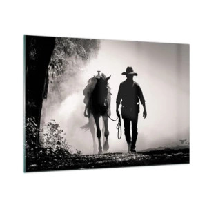 Cuadro sobre vidrio - Impresiones sobre Vidrio - Silueta de un vaquero guiando a un caballo a través de un paisaje brumoso - 100x70cm - La mañana de Texas - Decoración de pared moderna para salón y dormitorio ARTTOR