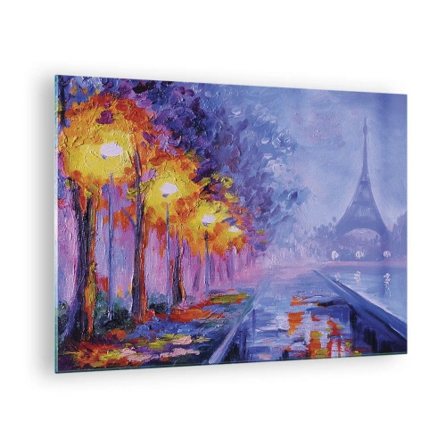 Cuadro sobre vidrio - Impresiones sobre Vidrio - Paseo nocturno por París con la Torre Eiffel - 70x50cm - Un paseo de ensueño - Decoración de pared moderna para salón y dormitorio ARTTOR