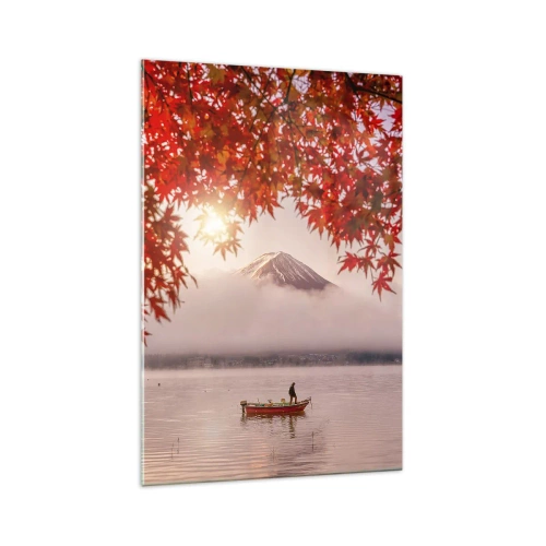Cuadro sobre vidrio - Impresiones sobre Vidrio - Un barco en un lago rodeado de hojas de arce rojas. - 70x100cm - Estilo japonés - Decoración de pared moderna para salón y dormitorio ARTTOR