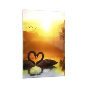 Cuadro sobre vidrio - Impresiones sobre Vidrio - Dos cisnes negros formando un corazón con el telón de fondo de un atardecer en el lago. - 70x100cm - Todo a juego - Decoración de pared moderna para salón y dormitorio ARTTOR