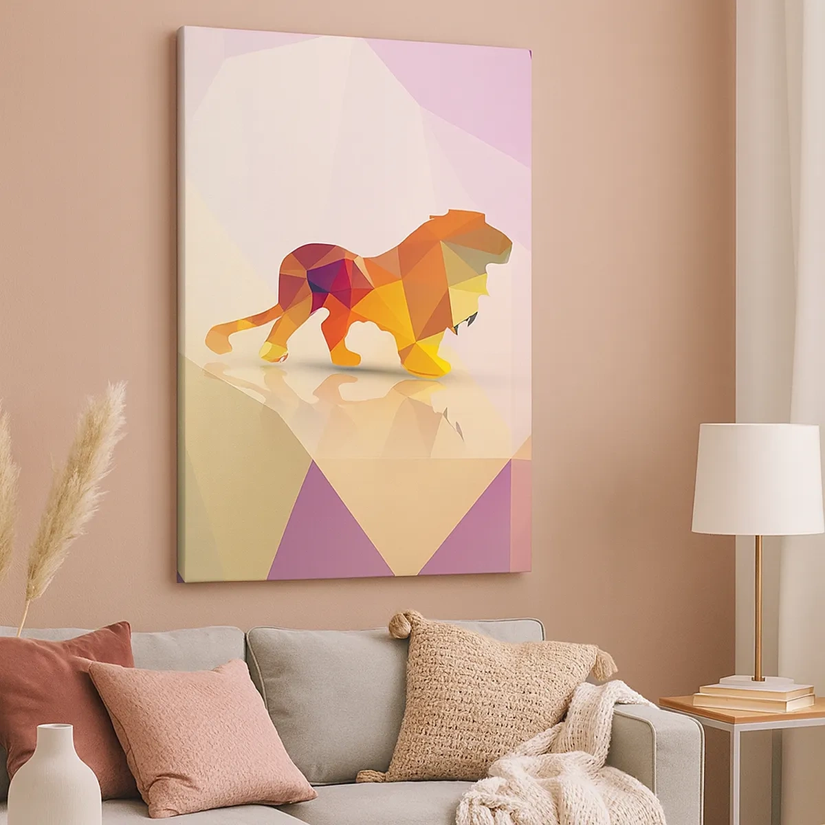Cuadro sobre lienzo - Impresión de Imagen - Silueta geométrica de un león en tonos amarillo y naranja. - 50x70cm - El rey de los diamantes - Decoración de pared moderna para salón y dormitorio ARTTOR