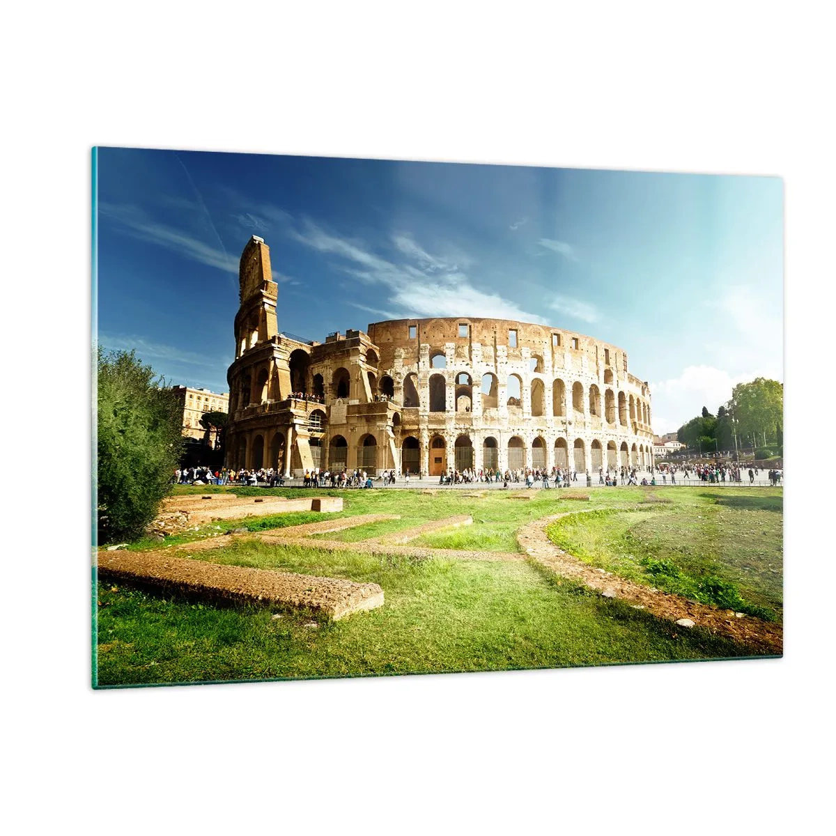 Cuadro sobre vidrio - Impresiones sobre Vidrio - El Coliseo de Roma iluminado por el sol - 120x80cm - Todavía se oye el sonido de las armas - Decoración de pared moderna para salón y dormitorio ARTTOR