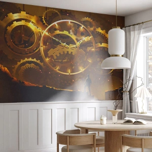 Fotomural Premium Sand - Mecanismos de relojería dorados con una figura al fondo en estilo steampunk - 100x70cm - En la fuente del tiempo - Decoración de pared moderna para salón y dormitorio ARTTOR