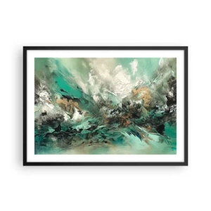 Póster en marco negro - Paisaje abstracto en tonos verdes y dorados. - 70x50cm - Hervor negro esmeralda - Decoración de pared moderna para salón y dormitorio ARTTOR