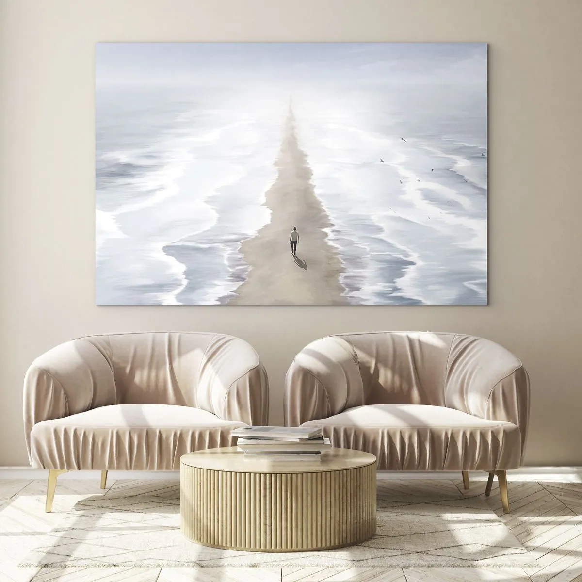 Cuadro sobre vidrio - Impresiones sobre Vidrio - Una figura caminando sola hacia el horizonte entre las olas. - 70x50cm - Un futuro brillante - Decoración de pared moderna para salón y dormitorio ARTTOR