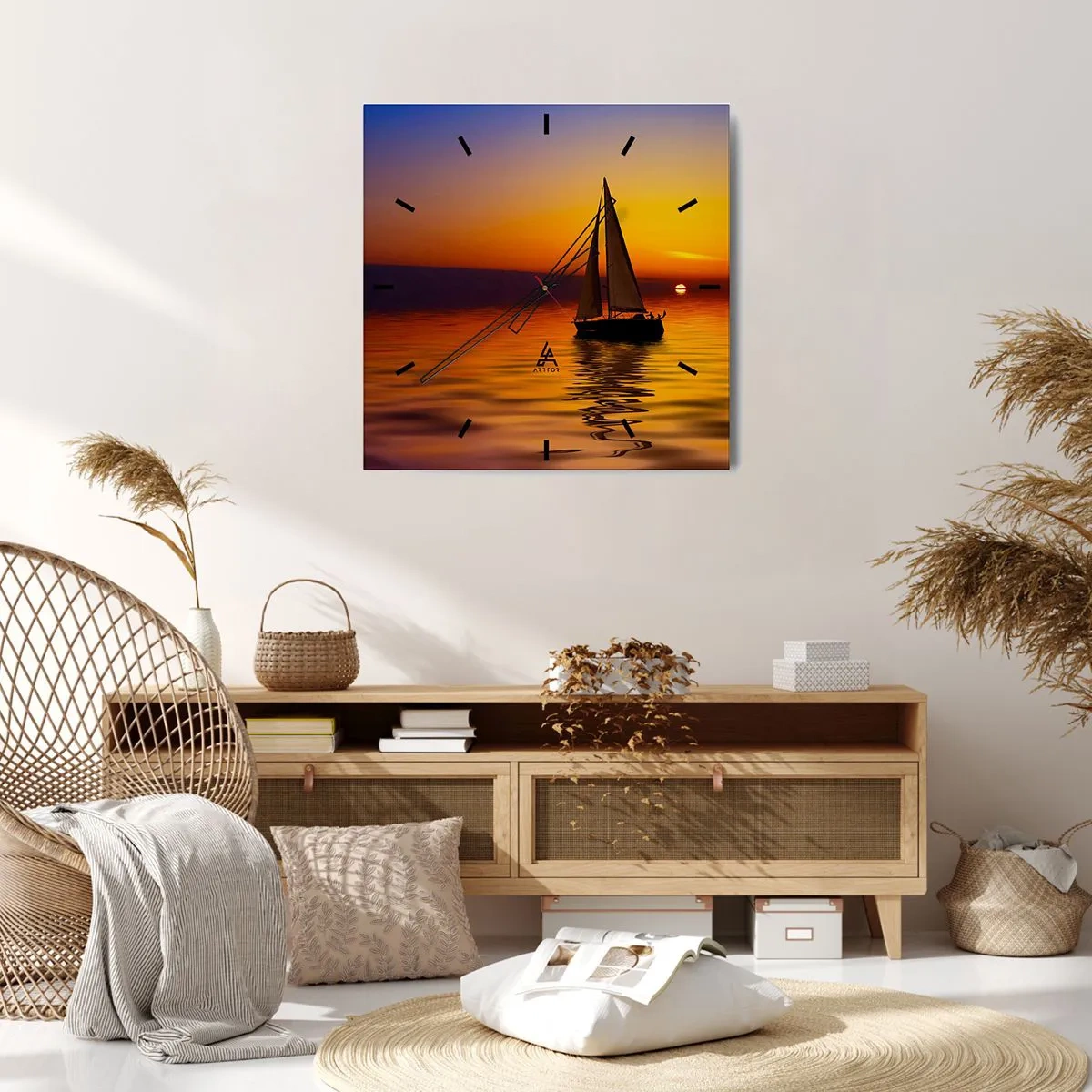 Reloj de pared - Reloj de vidrio - Un velero en un mar tranquilo al atardecer. - 30x30cm - Qué tranquilo el anochecer… - Decoración de pared moderna para salón y dormitorio ARTTOR