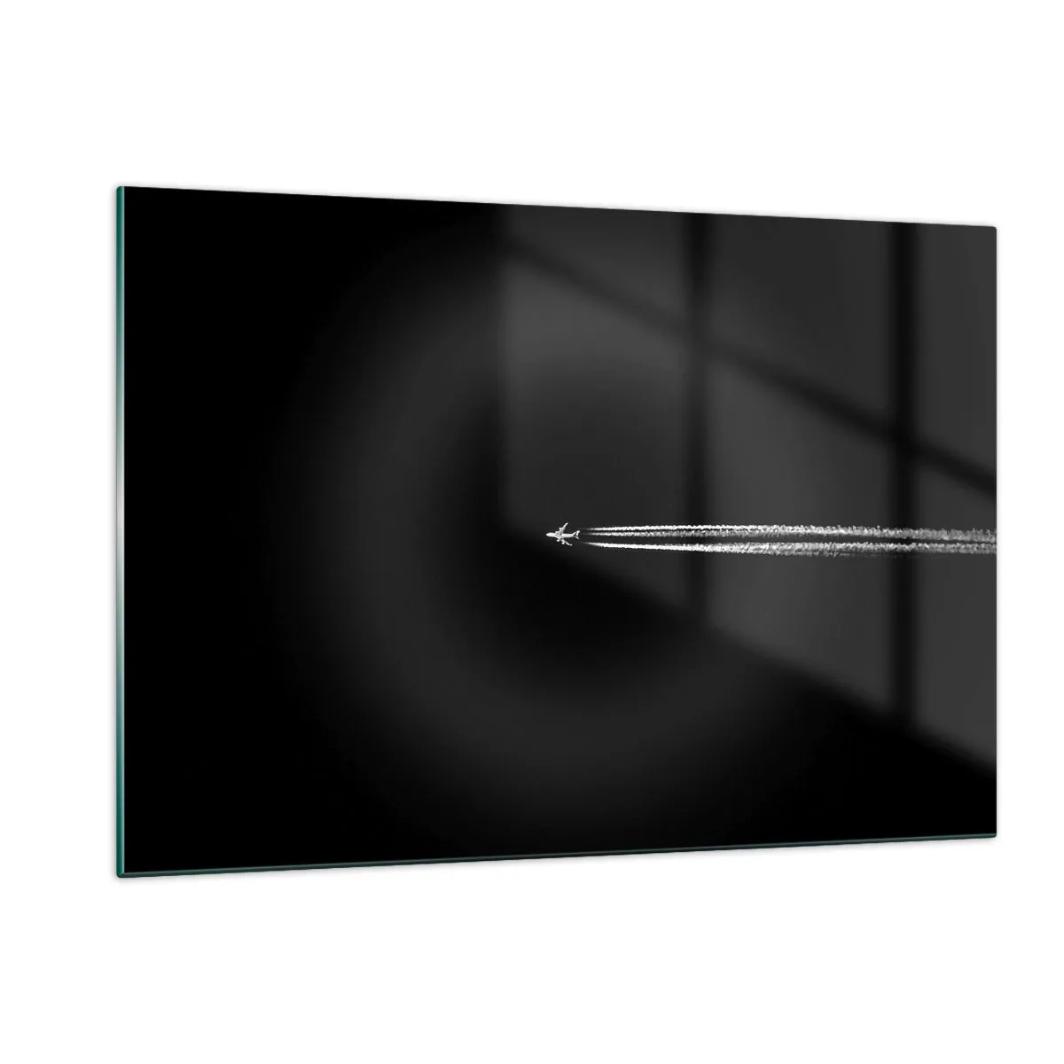 Cuadro sobre vidrio - Impresiones sobre Vidrio - Un avión a reacción sobre un fondo negro con una estela de condensación. - 120x80cm - En otra dimensión - Decoración de pared moderna para salón y dormitorio ARTTOR