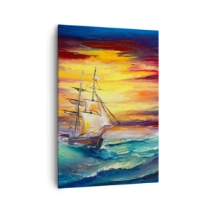 Cuadro sobre lienzo - Impresión de Imagen - Un velero con el telón de fondo de una colorida puesta de sol. - 70x100cm - Valientemente surcando las olas - Decoración de pared moderna para salón y dormitorio ARTTOR