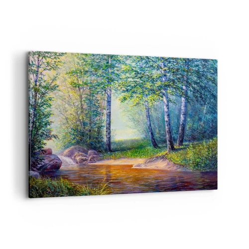 Cuadro sobre lienzo - Impresión de Imagen - Un arroyo forestal rodeado de abedules y sol. - 120x80cm - Paisaje idílico - Decoración de pared moderna para salón y dormitorio ARTTOR