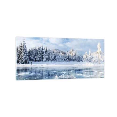 Cuadro sobre vidrio - Impresiones sobre Vidrio - Un lago congelado rodeado de un bosque cubierto de nieve. - 120x50cm - Vista deslumbrante y cristalina - Decoración de pared moderna para salón y dormitorio ARTTOR