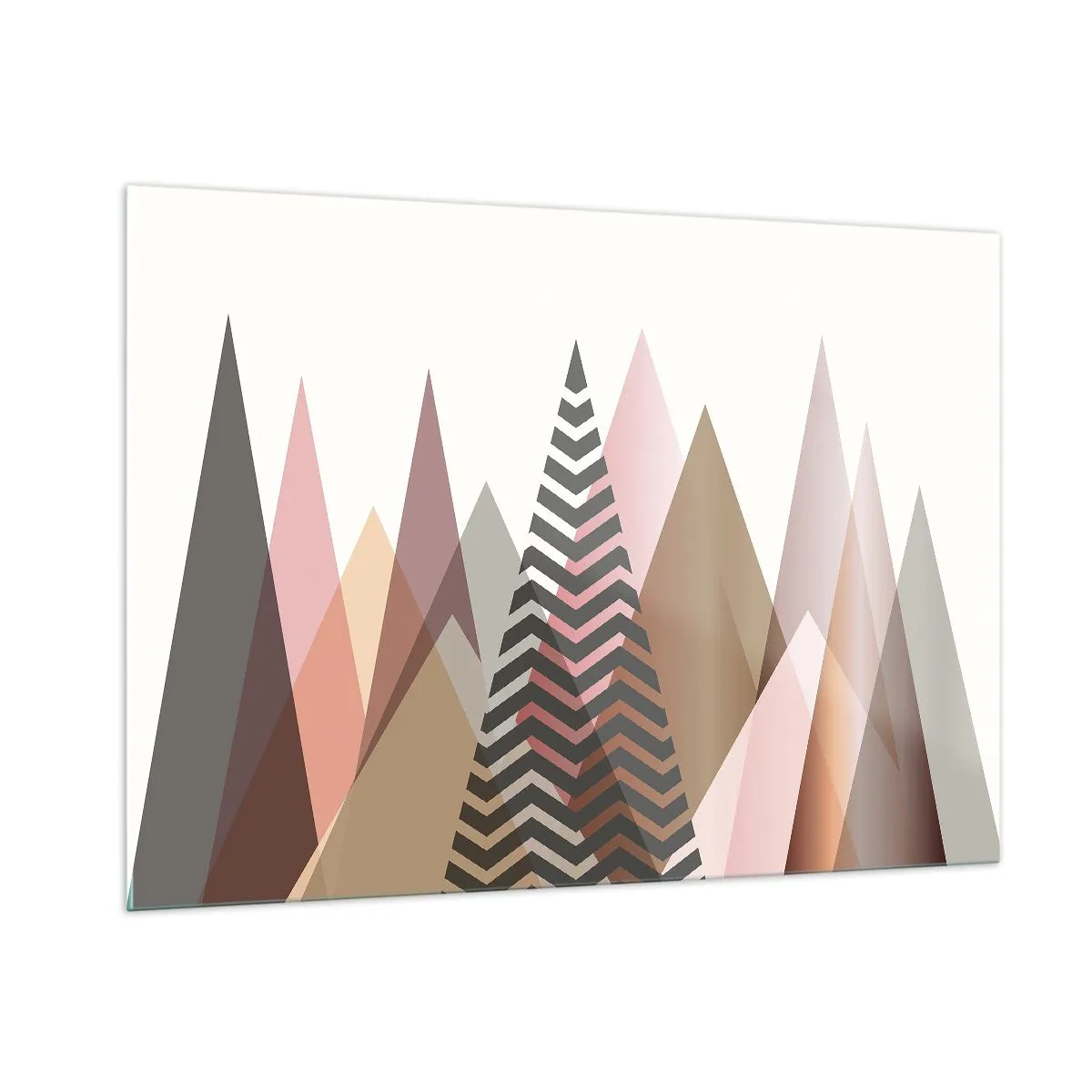 Cuadro sobre vidrio - Impresiones sobre Vidrio - Montañas geométricas pastel con un patrón central - 100x70cm - Una visión piramidal - Decoración de pared moderna para salón y dormitorio ARTTOR