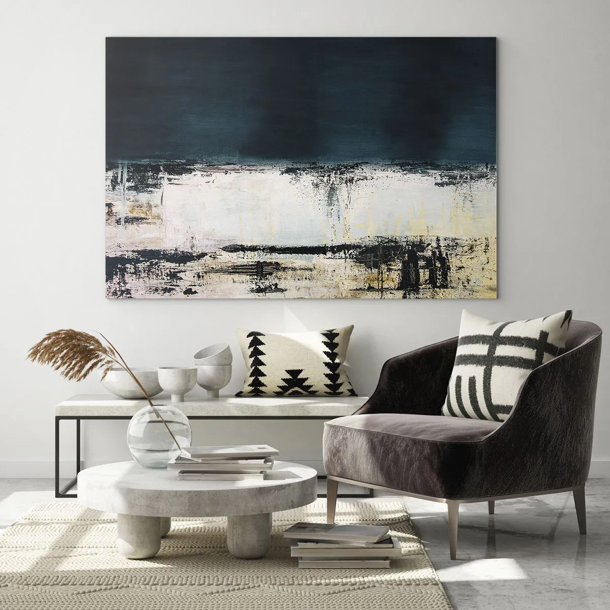 Cuadro sobre vidrio - Impresiones sobre Vidrio - Paisaje abstracto en tonos azul marino y blanco. - 70x50cm - Composición horizontal - Decoración de pared moderna para salón y dormitorio ARTTOR