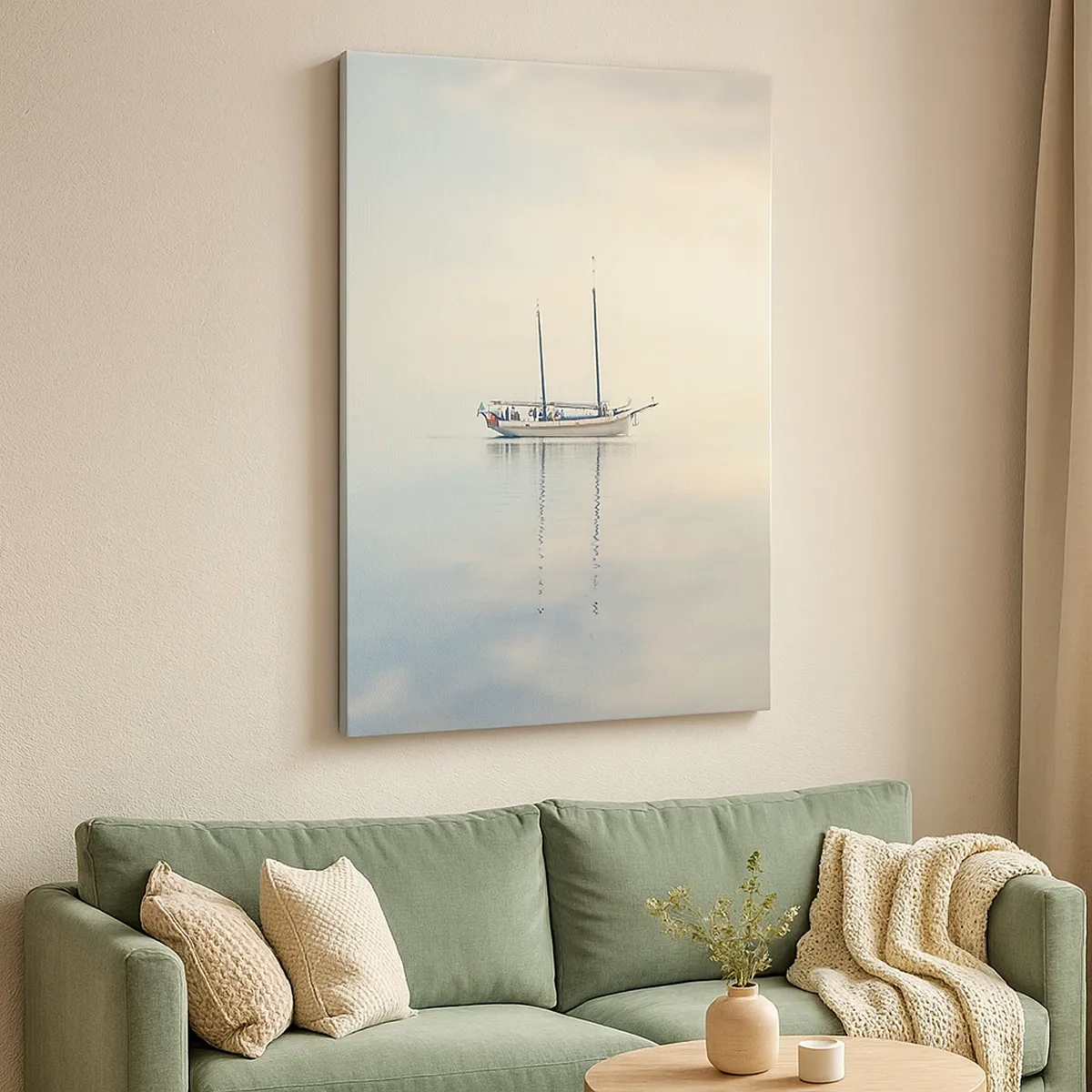 Cuadro sobre lienzo - Impresión de Imagen - Un barco en un mar en calma bajo una luz suave. - 50x70cm - En un mar de silencio - Decoración de pared moderna para salón y dormitorio ARTTOR