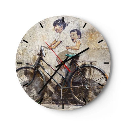 Reloj de pared - Reloj de vidrio - Una pared con una pintura de niños en bicicleta. - 30x30cm - ¿Verdadero o falso? - Decoración de pared moderna para salón, cocina y dormitorio ARTTOR