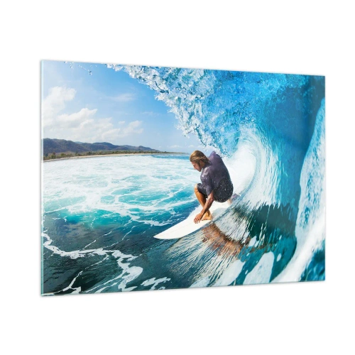 Cuadro sobre vidrio - Impresiones sobre Vidrio - Surfista en un túnel de agua con el océano al fondo - 100x70cm - Bailando con las olas - Decoración de pared moderna para salón y dormitorio ARTTOR