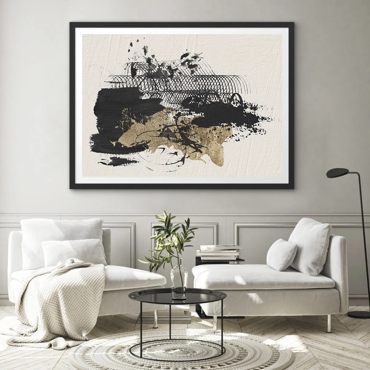 Póster en marco negro - Una pintura abstracta en negro y dorado con líneas y estructuras dinámicas. - 70x50cm - Composición con pasión - Decoración de pared moderna para salón y dormitorio ARTTOR