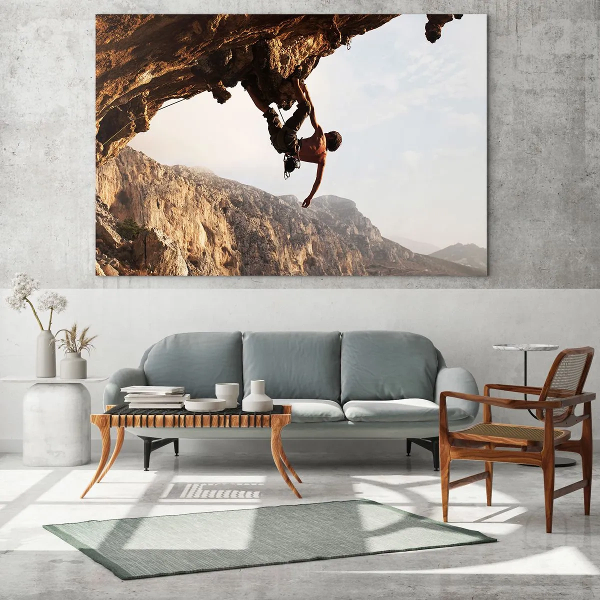 Cuadro sobre vidrio - Impresiones sobre Vidrio - Escalando una roca vertical en un paisaje montañoso - 70x50cm - Un mundo en la roca - Decoración de pared moderna para salón y dormitorio ARTTOR