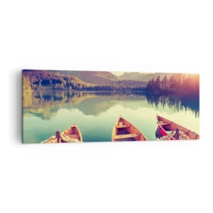Cuadro sobre lienzo - Impresión de Imagen - Barcos en un lago tranquilo rodeado de montañas al atardecer - 140x50cm - Para vivir según sus leyes - Decoración de pared moderna para salón y dormitorio ARTTOR