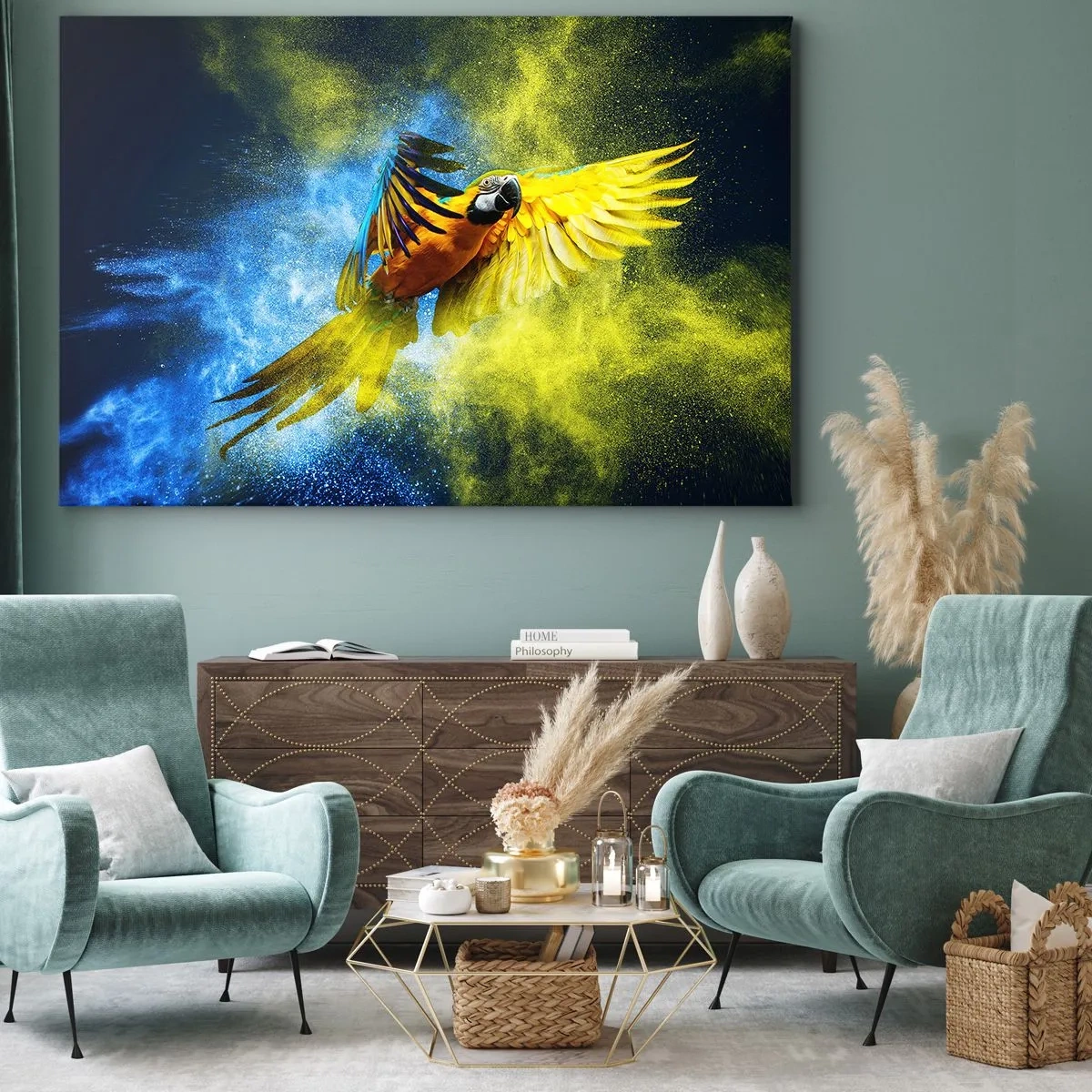 Cuadro sobre lienzo - Impresión de Imagen - Un loro en vuelo sobre un fondo de explosiones de colores amarillo y azul. - 120x80cm - En polvo azul y dorado - Decoración de pared moderna para salón y dormitorio ARTTOR