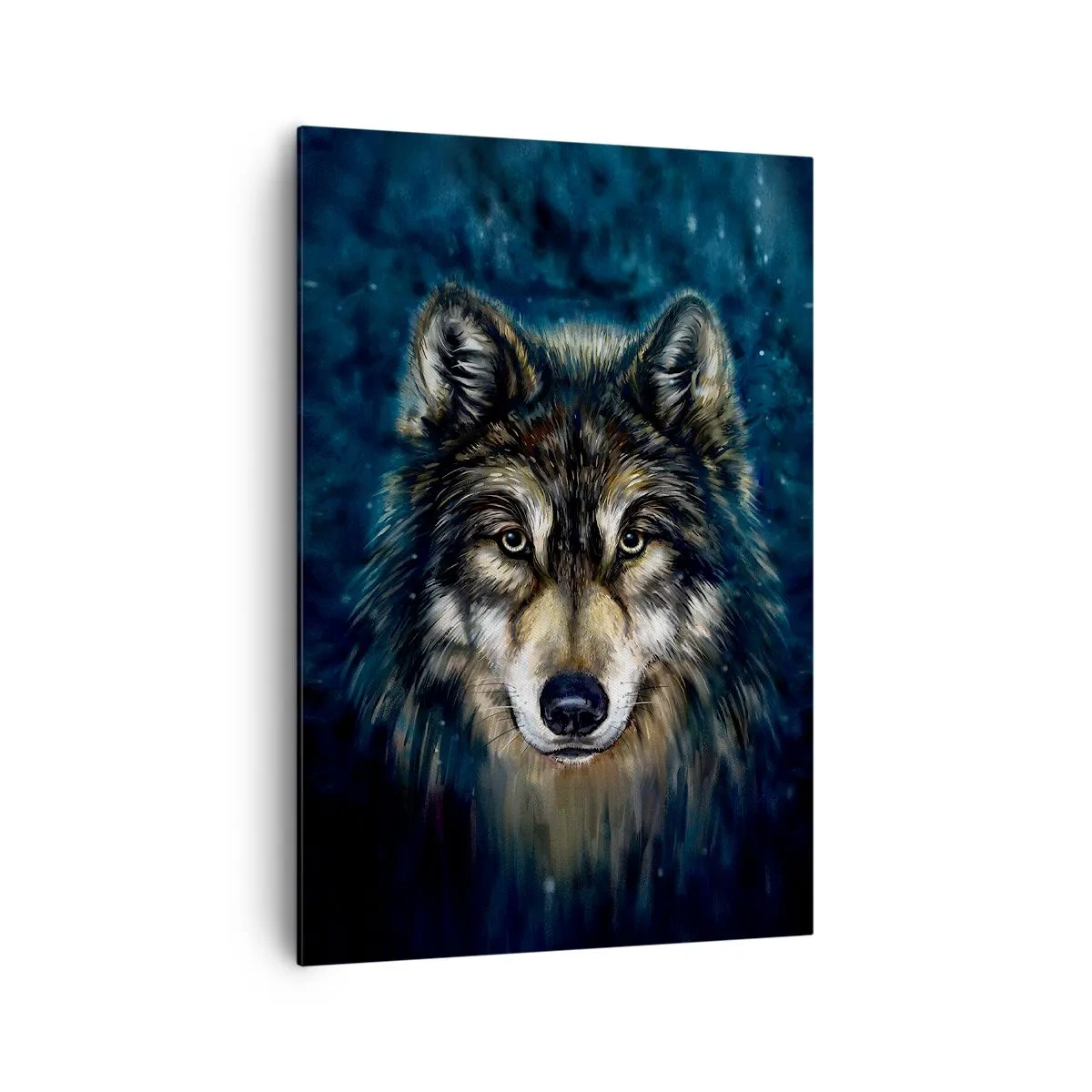 Cuadro sobre lienzo - Impresión de Imagen - Retrato de un lobo sobre un fondo azul oscuro - 70x100cm - ¿Alfa? Y omega - Decoración de pared moderna para salón y dormitorio ARTTOR