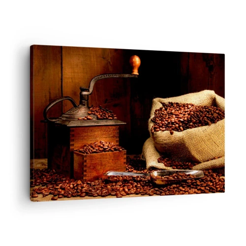 Cuadro sobre lienzo - Impresión de Imagen - Un antiguo molinillo de café con granos y una bolsa en estilo rústico. - 70x50cm - Bodegón con granos de café y molinillo - Decoración de pared moderna para salón y dormitorio ARTTOR