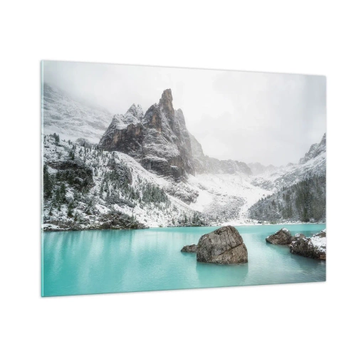Cuadro sobre vidrio - Impresiones sobre Vidrio - Paisaje invernal con un lago turquesa - 100x70cm - En guardia - Decoración de pared moderna para salón y dormitorio ARTTOR