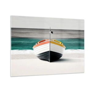 Cuadro sobre vidrio - Impresiones sobre Vidrio - Un barco colorido en la playa con un mar turquesa de fondo. - 100x70cm - En su lugar exacto - Decoración de pared moderna para salón y dormitorio ARTTOR