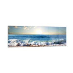 Cuadro sobre vidrio - Impresiones sobre Vidrio - Una playa soleada con olas rompiendo en la orilla. - 160x50cm - Movimiento y quietud al mismo tiempo - Decoración de pared moderna para salón y dormitorio ARTTOR