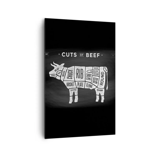 Cuadro sobre lienzo - Impresión de Imagen - Diagrama de cortes de carne de res sobre un fondo negro - 80x120cm - Manual del carnicero - Decoración de pared moderna para salón y dormitorio ARTTOR