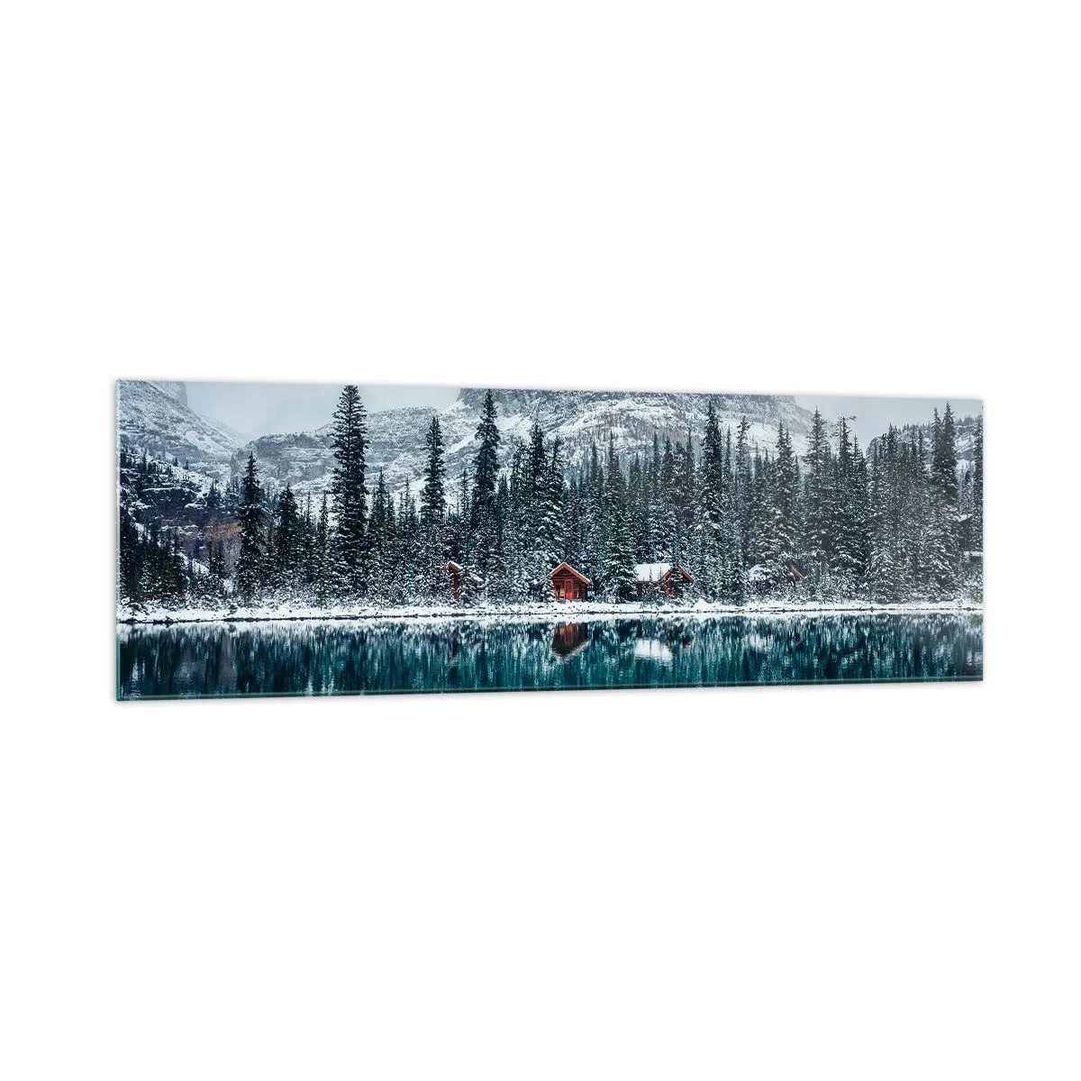 Cuadro sobre vidrio - Impresiones sobre Vidrio - Paisaje invernal con cabañas en el bosque junto a un lago congelado - 160x50cm - Retiro canadiense - Decoración de pared moderna para salón y dormitorio ARTTOR