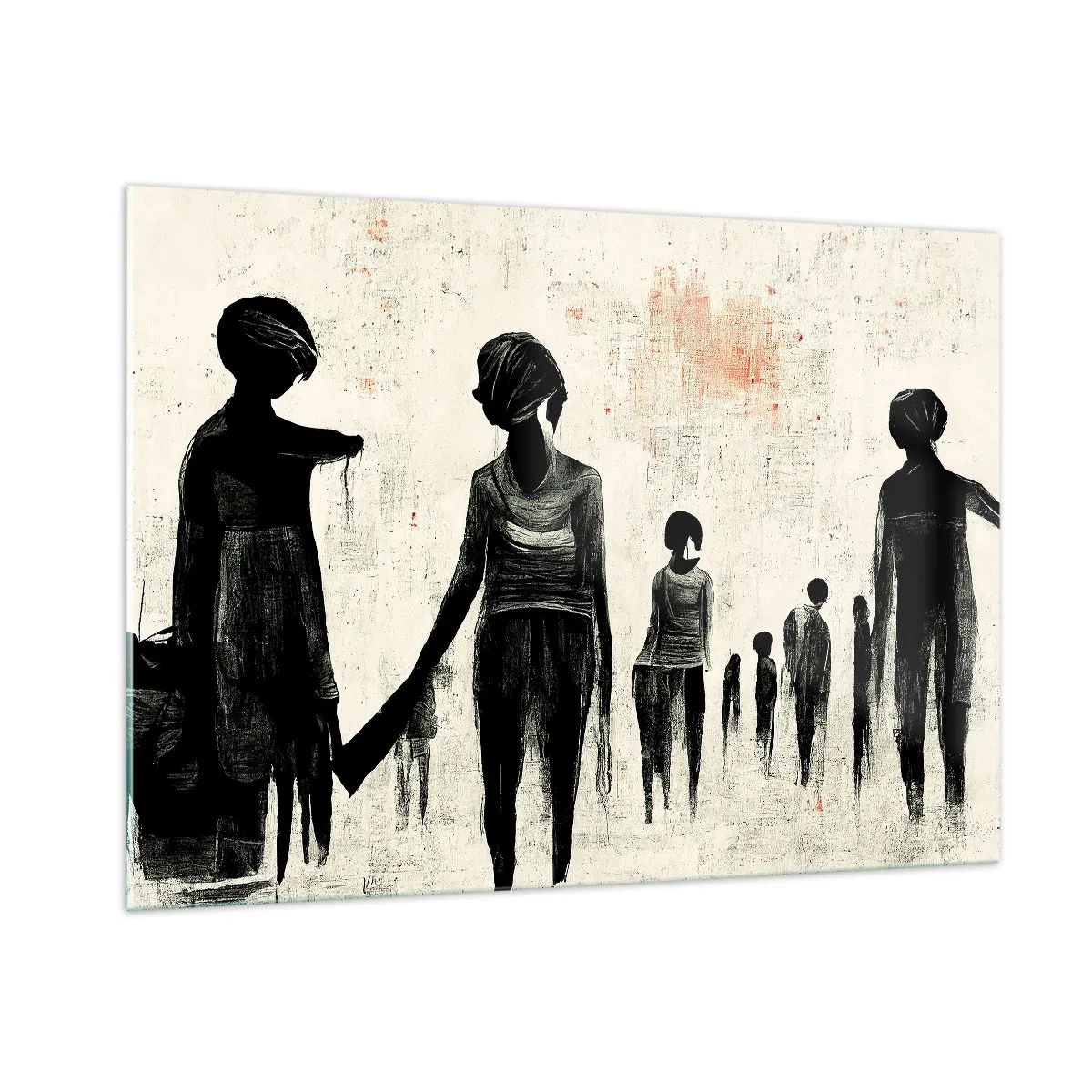 Cuadro sobre vidrio - Impresiones sobre Vidrio - Figuras negras en movimiento sobre un fondo claro con textura roja. - 100x70cm - Contra la soledad - Decoración de pared moderna para salón y dormitorio ARTTOR