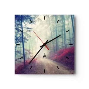 Reloj de pared - Reloj de vidrio - Un sendero forestal mágico rodeado de árboles y niebla. - 30x30cm - Qué bueno es levantarse al amanecer - Decoración de pared moderna para salón y dormitorio ARTTOR