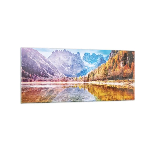 Cuadro sobre vidrio - Impresiones sobre Vidrio - Paisaje otoñal de montaña con un lago - 120x50cm - Ya es otoño en las montañas - Decoración de pared moderna para salón y dormitorio ARTTOR