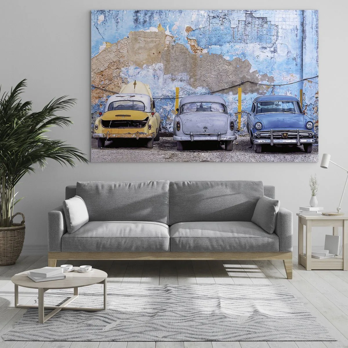 Cuadro sobre vidrio - Impresiones sobre Vidrio - Coches antiguos con un muro en ruinas como telón de fondo - 100x70cm - Reunión de veteranos - Decoración de pared moderna para salón y dormitorio ARTTOR