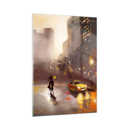Cuadro sobre vidrio - Impresiones sobre Vidrio - Ciudad de noche bajo la lluvia con taxis y la silueta de una pareja - 50x70cm - En las luces de Nueva York - Decoración de pared moderna para salón y dormitorio ARTTOR