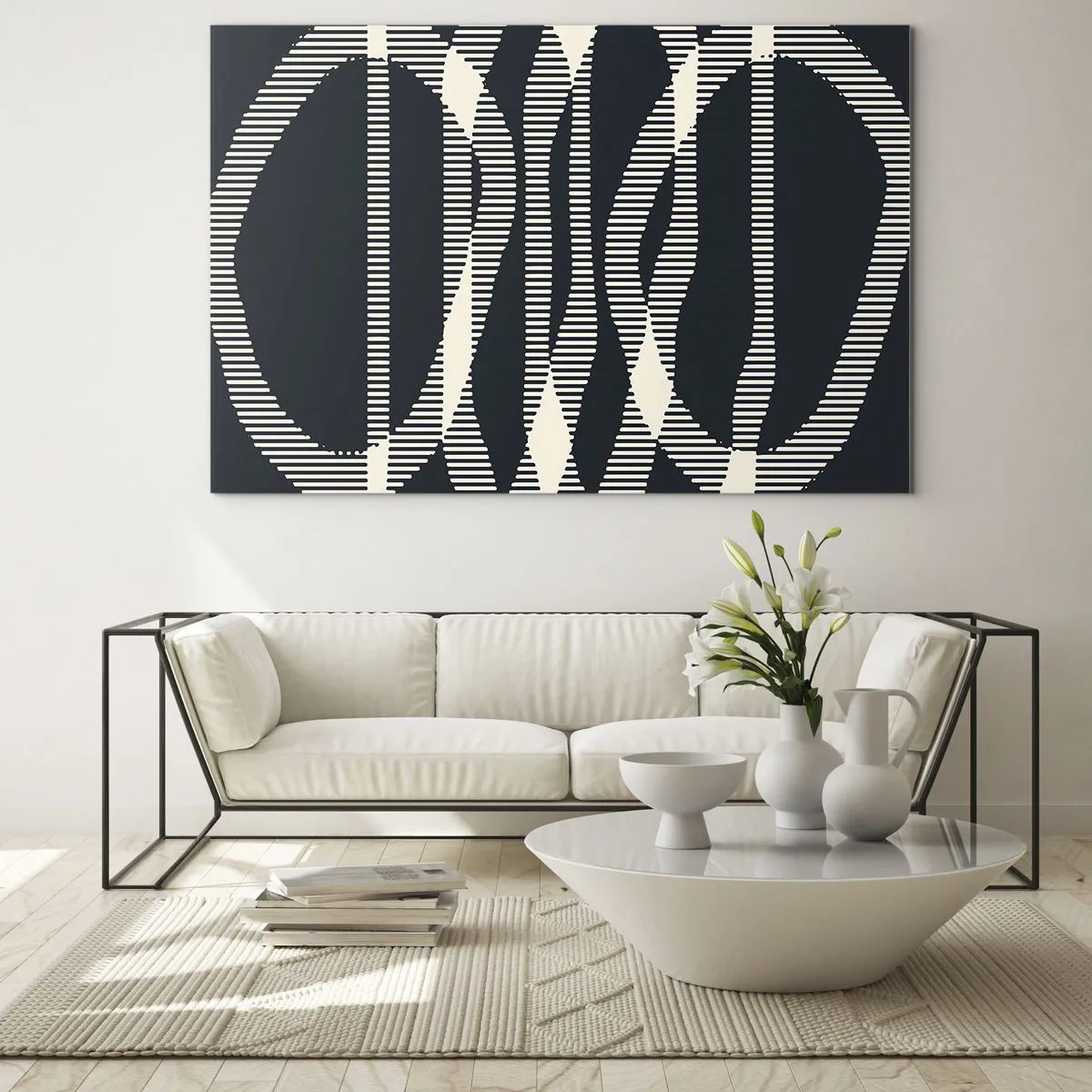 Cuadro sobre vidrio - Impresiones sobre Vidrio - Líneas geométricas en tonos negros y beige. - 70x50cm - Un intento de romper la oscuridad - Decoración de pared moderna para salón y dormitorio ARTTOR